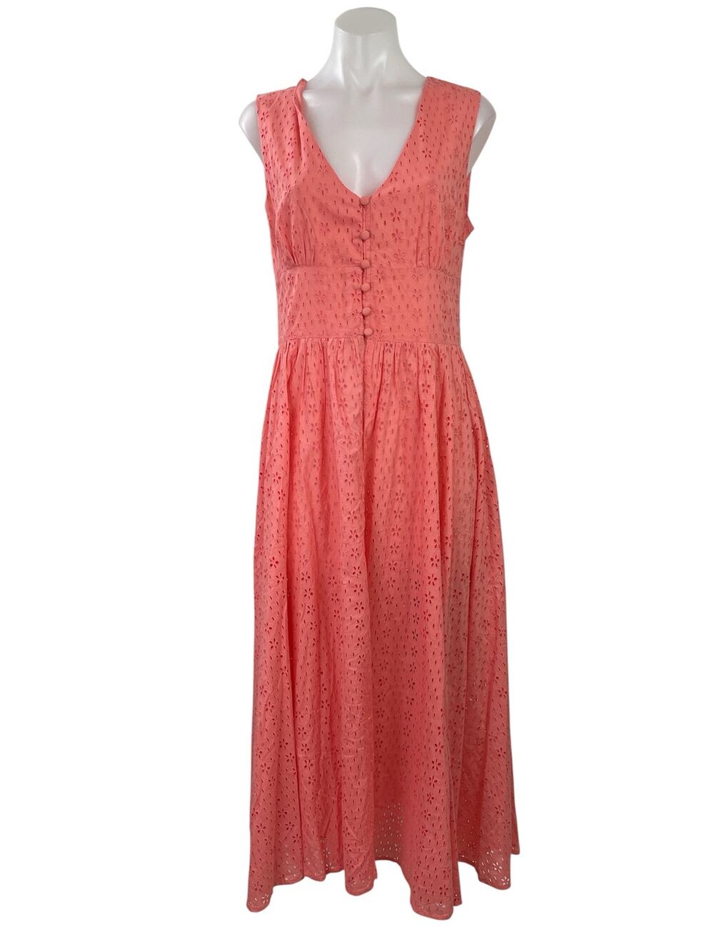 NEW Venus Coral Pink Orange Sleeveless Eyelet Embroidered A-line Maxi Dress Sz 8